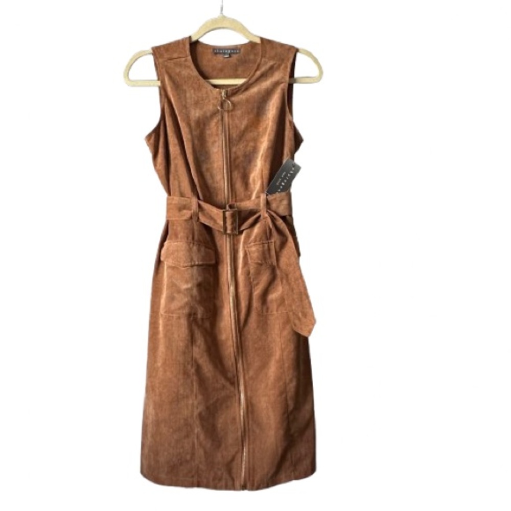 NWT Sharagano Sz. 4 Dark Tan Corduroy Belted Midi Dress with Front Zip Closure